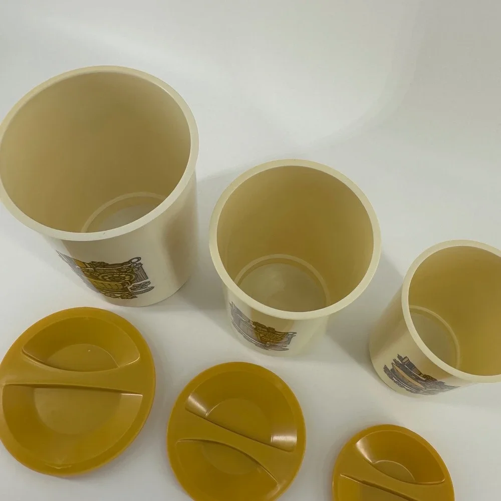 Vintage MCM Nesting Kitchen Canister Set Cream Yellow Retro 70s Excellent